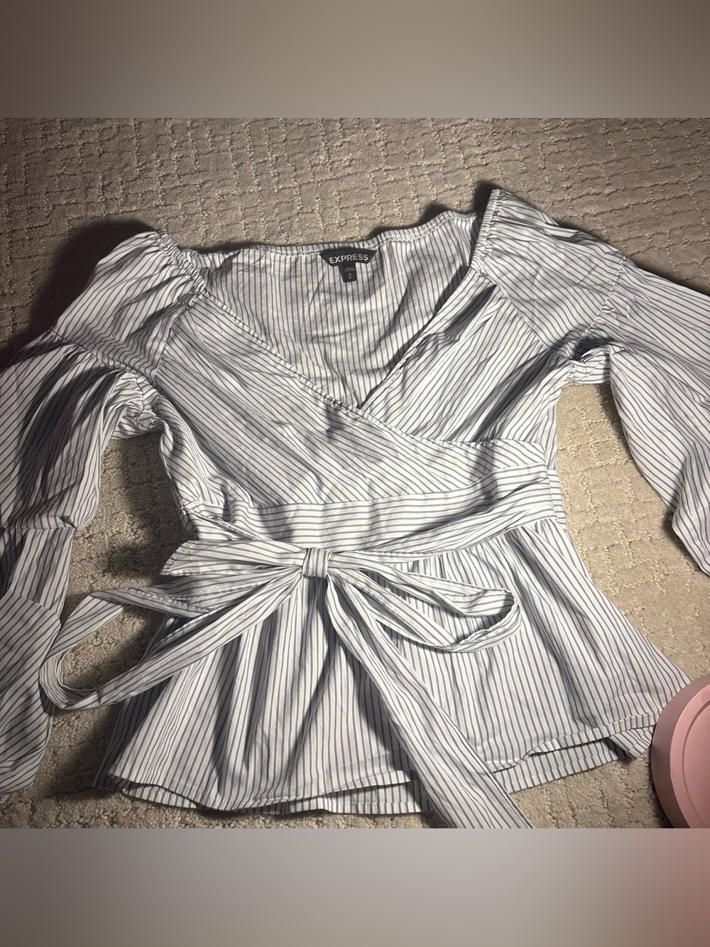 Express Striped Wrap Blouse in White and Blue